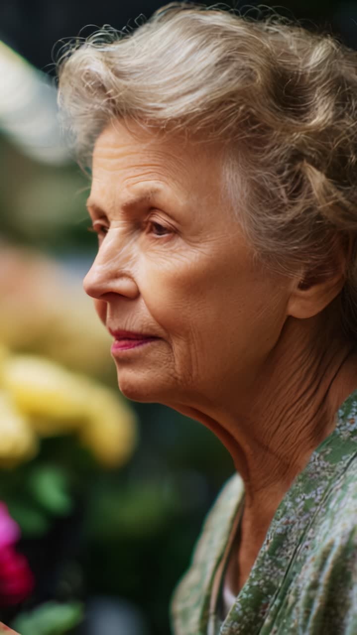 Tender Reflection: An Elderly Woman Caught in a Moment of Contemplation Surrounded by Colorful Flowers, Emphasizing Beauty in Aging and Nature's Elegance