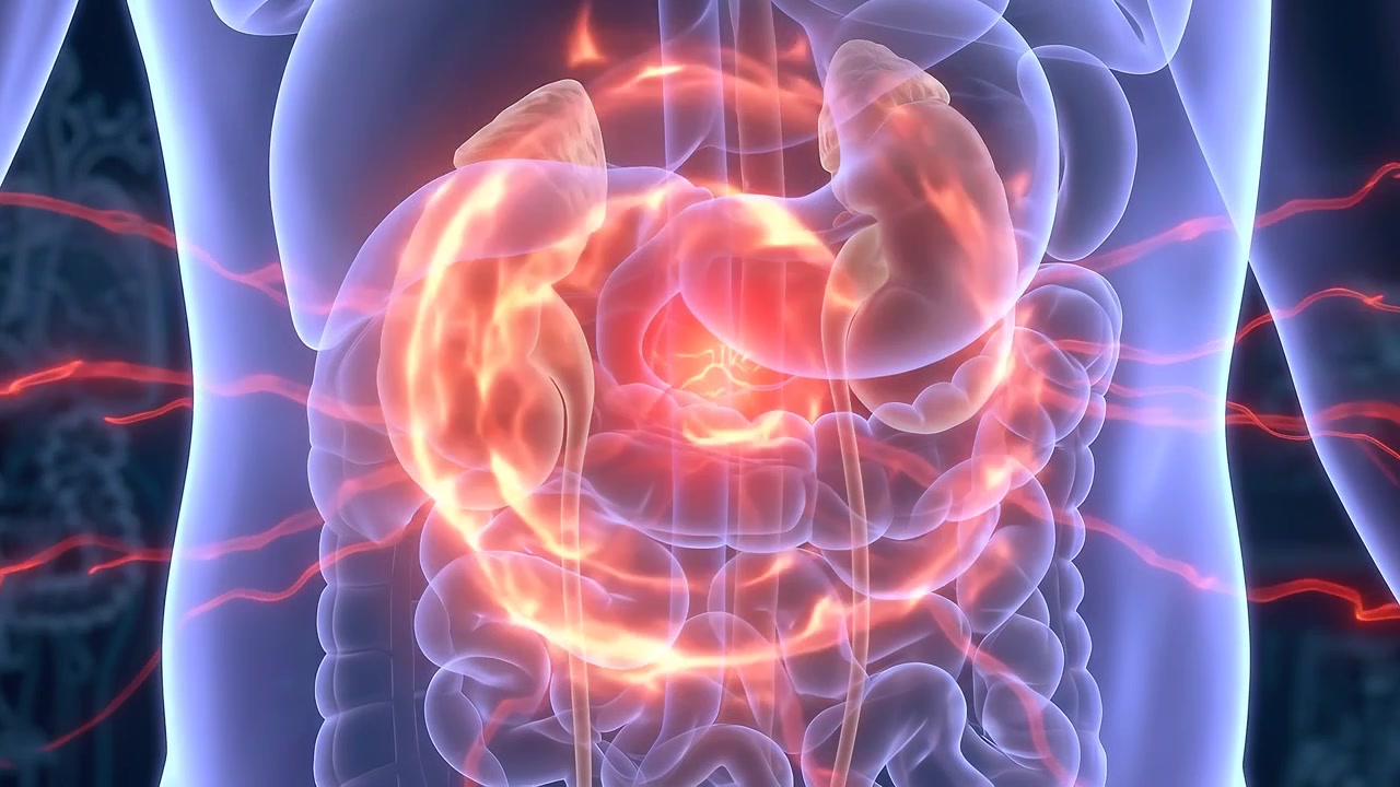 Medical Animation of Human Digestive System with Glowing Inflammation