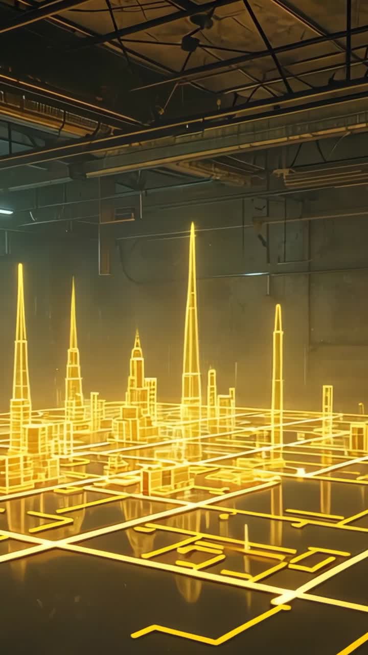 Vertical video: Wireframe city model spires rising in warehouse as yellow grid lines tracing floor