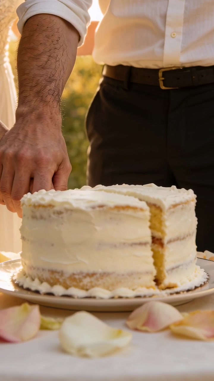 Video verticale: Coppia in bianco con le mani unite che taglia una torta su un patio, festeggiando.