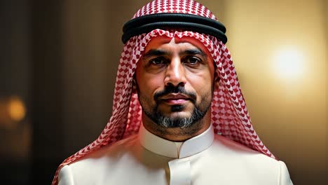 portrait of a serious man with a beard wearing a white shirt and a headscarf.