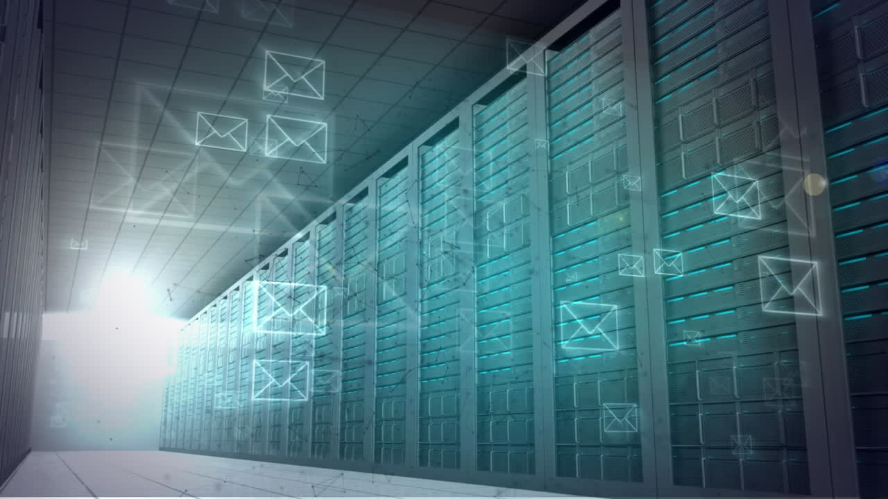 animación de iconos de sobres digitales a través de servidores informáticos