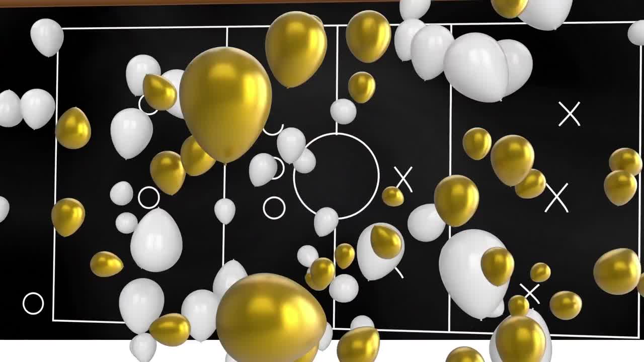 animación de globos sobre el dibujo del plan de juego sobre fondo negro