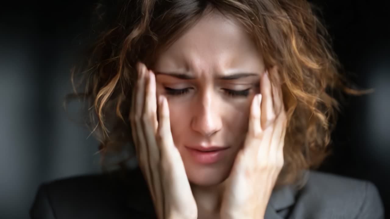 A woman experiences intense emotions as she grapples with her thoughts, expressing feelings of distress and contemplation in a dimly lit environment