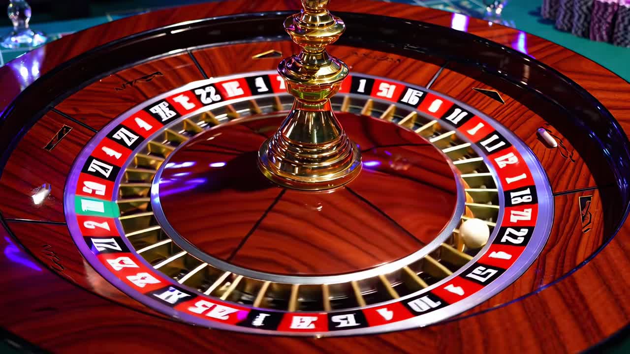 Close-up, top-down video shot of a roulette wheel in motion, highlighting vibrant colors