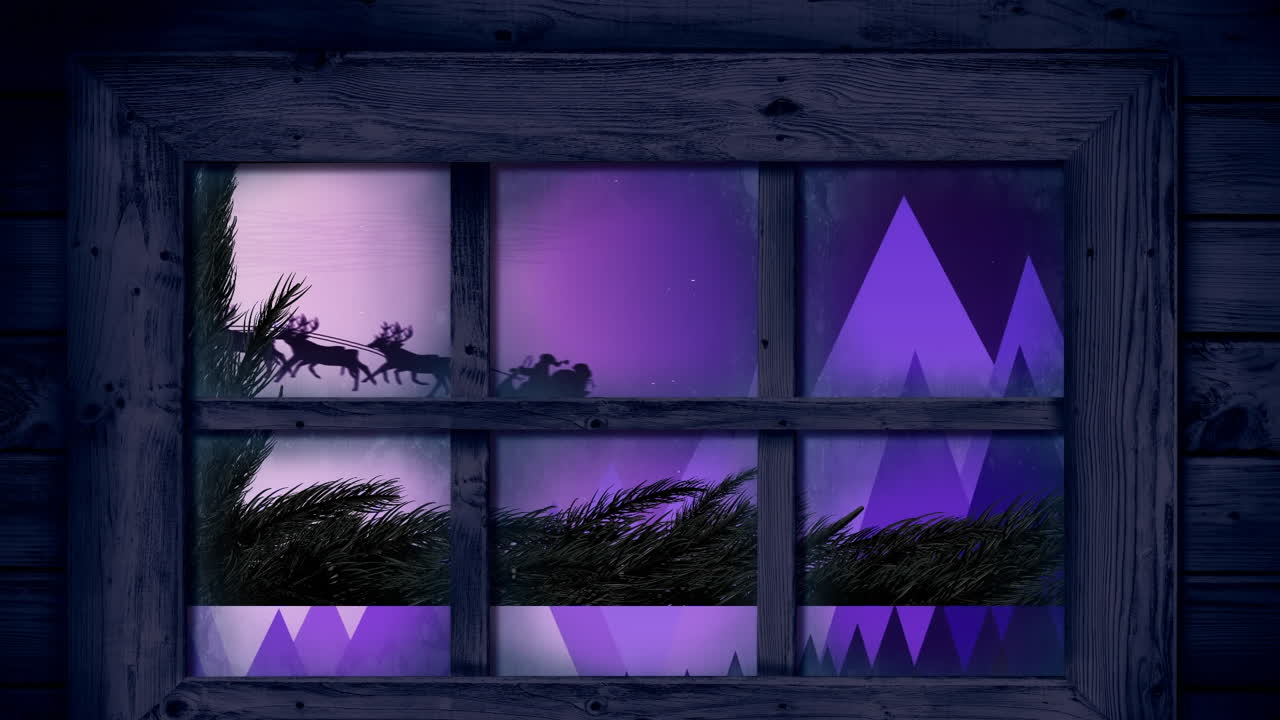 animación de santa claus en trineo con renos en el paisaje de invierno de navidad visto a través de la ventana