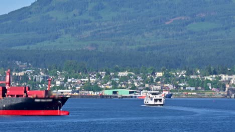 Industrial Hub: Duke Point B&#039;s Container Ships with Nanaimo&#039;s Cityscape