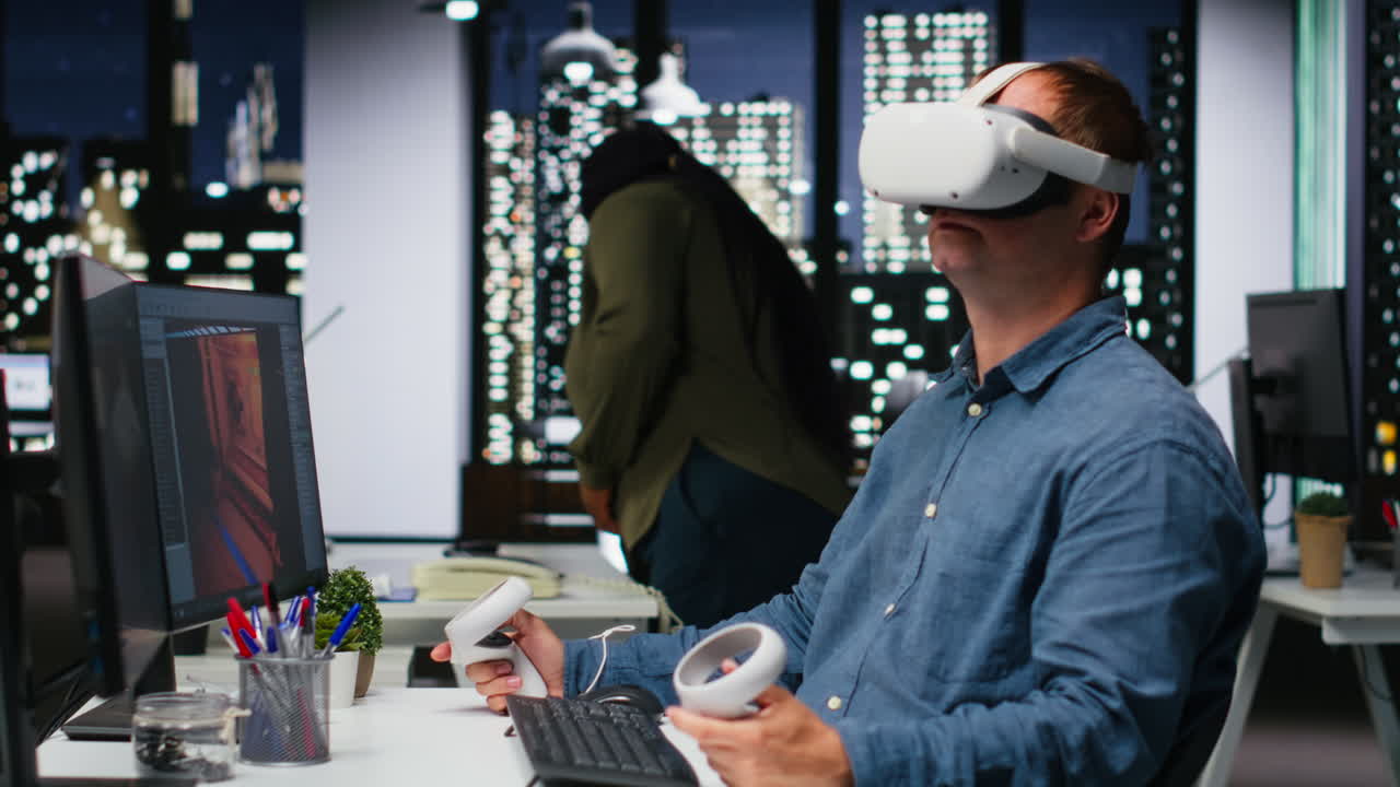 Male game developer using VR glasses and AI tech to design a spaceship