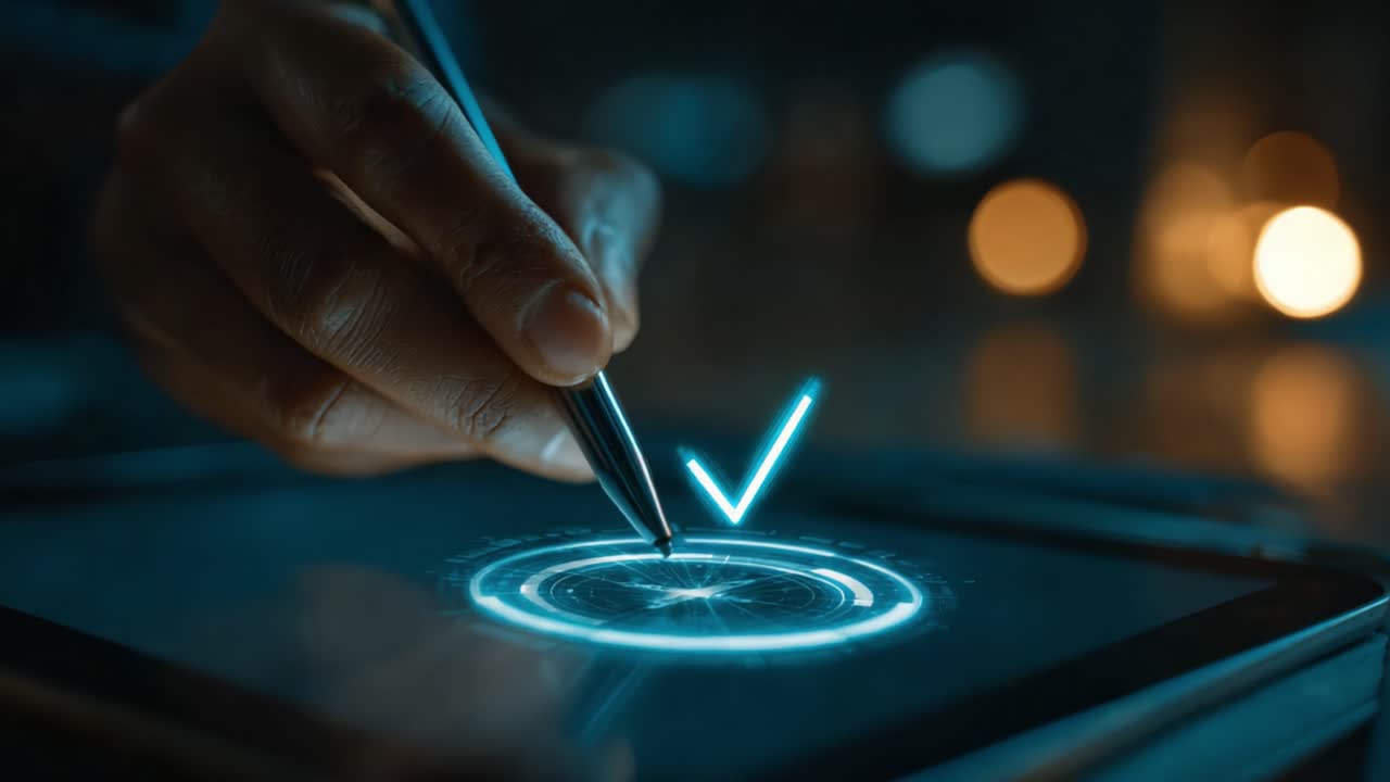 A Close-Up View of a Hand Holding a Stylus, Drawing a Glowing Checkmark on a Digital Screen, Showcasing Modern Technology and Precision in Digital Artistry