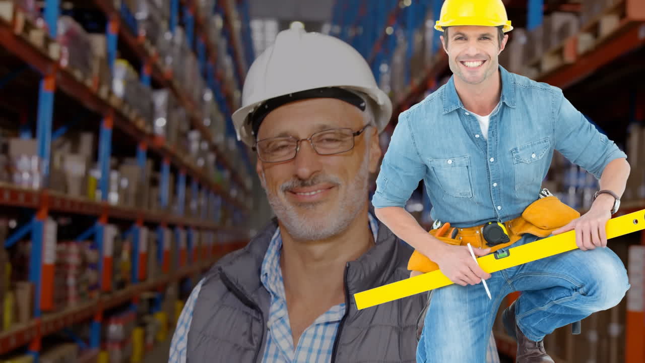 animación de un trabajador caucásico sobre un trabajador sonriente en un almacén