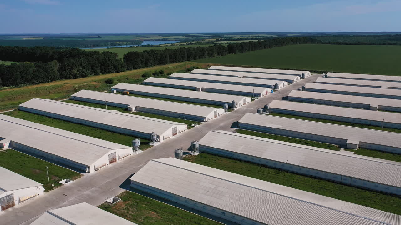 Large stables for organic farming in the rural area. Present day animal breeding business. Green fields and forests at the background. Aerial view.