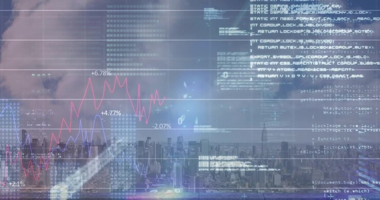 Animation of binary coding, financial data processing over cityscape