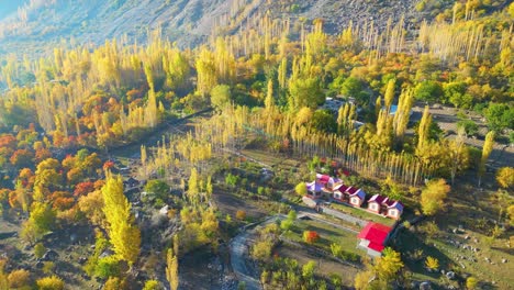 skardu valley village in autumn kashmir region aerial shot