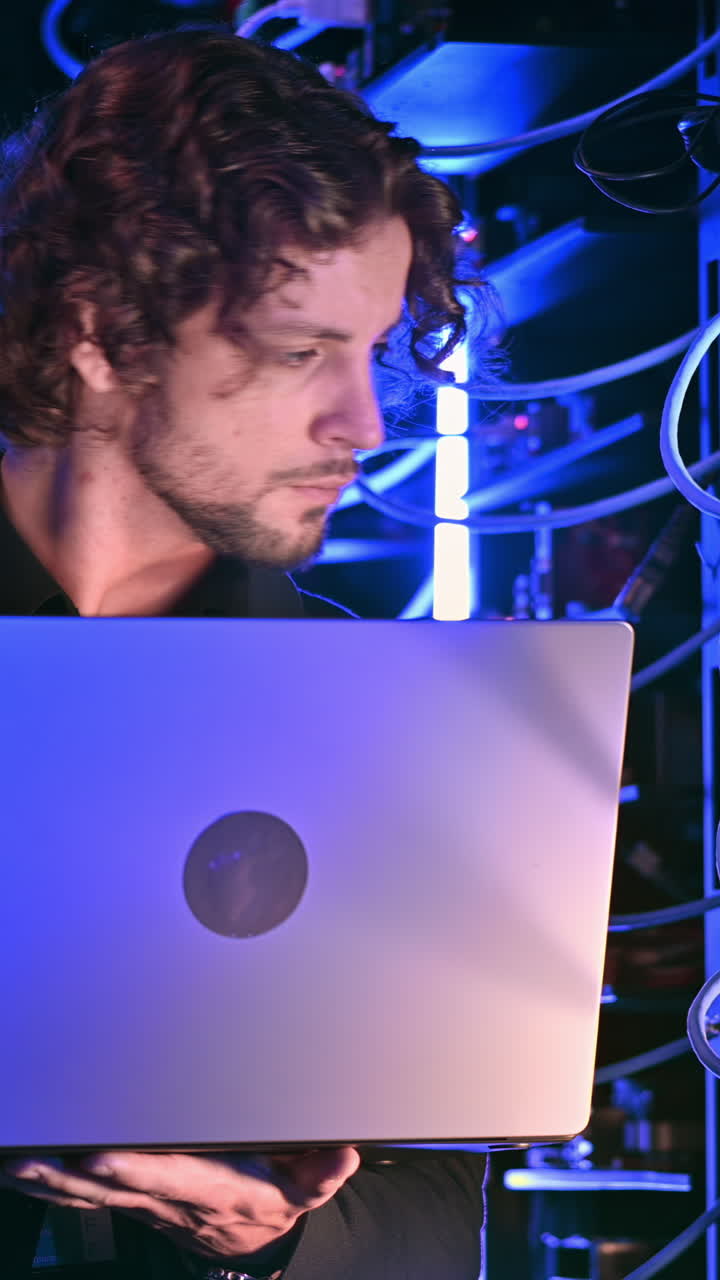Man analysing data in a server room. Vertical
