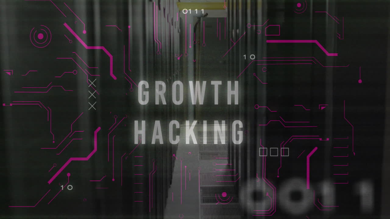Animation of growth hacking text over data processing and server room