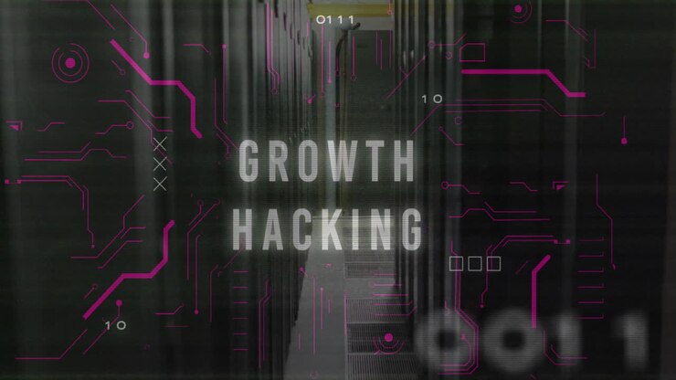 Animation of growth hacking text over data processing and server room