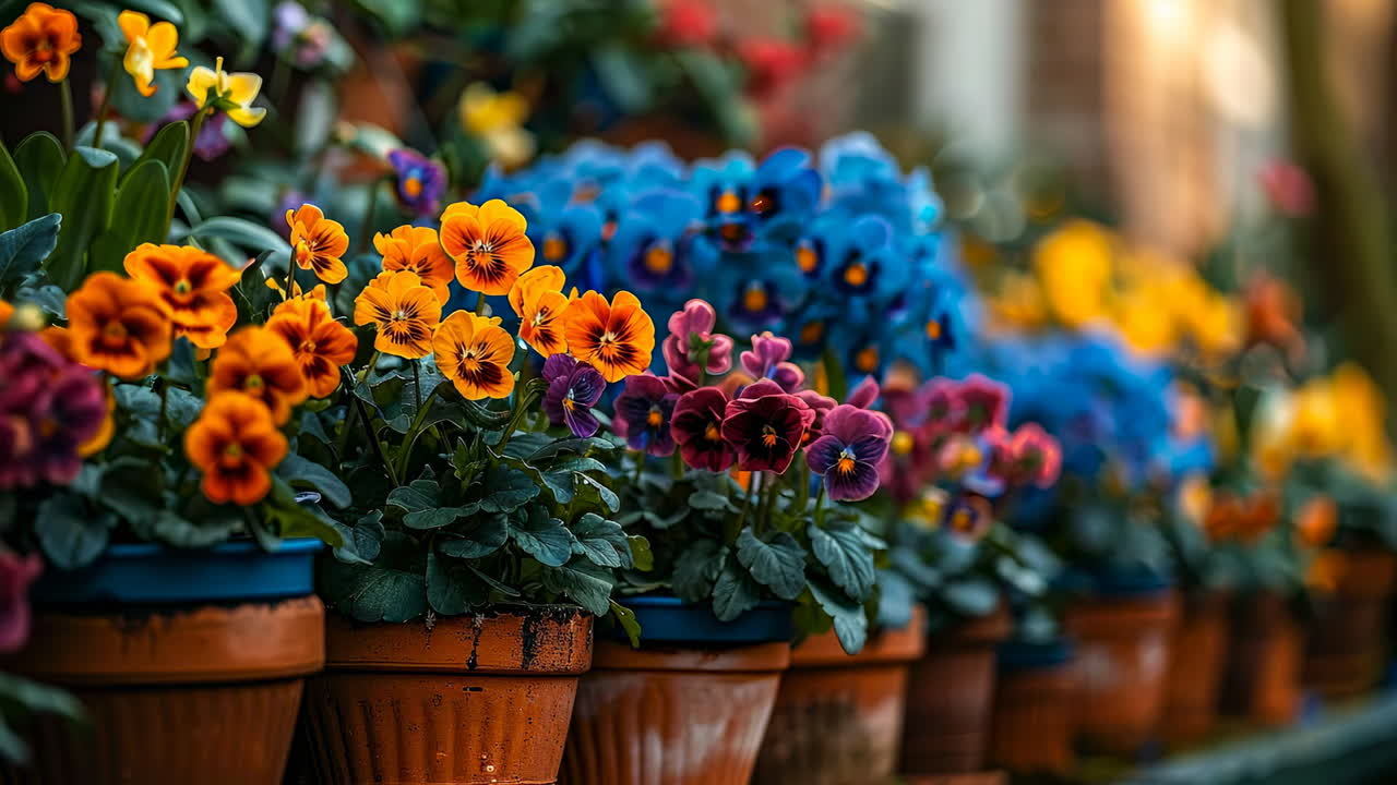 Colorful pansies in garden pots. Bright pansies in varied colors fill terracotta pots in a sunny garden, creating a cheerful atmosphere