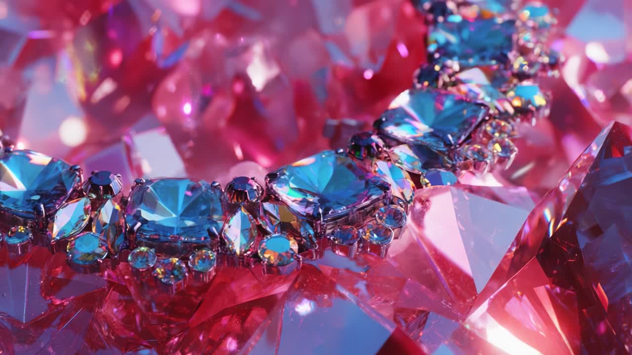 A Stunning Close-Up of a Vibrant Jewelry Necklace Surrounded by Shimmering Pink and Blue Crystals, Highlighting the Intricate Designs and Dazzling Sparkle of Each Precious Gem