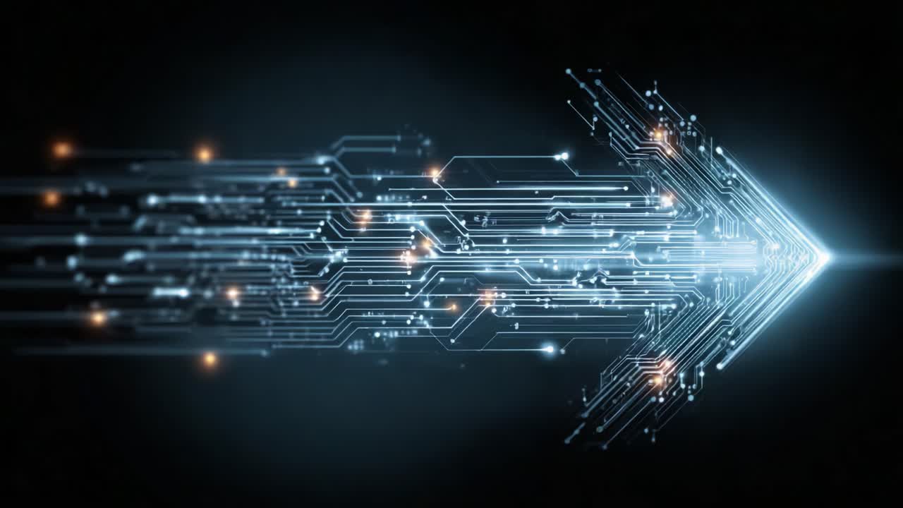 Dynamisk, digital pil, der repræsenterer højhastighedsdataoverførsel og teknologiske fremskridt gennem kredsløb og lyseffekter i et højteknologisk miljø