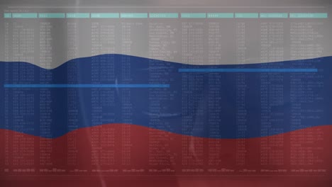 animation caucasian male hacker and data processing over flag of russia