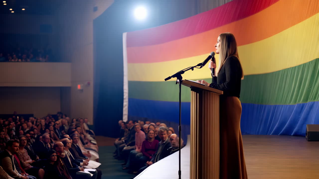 Žena pronášející projev na LGBTQ+ události