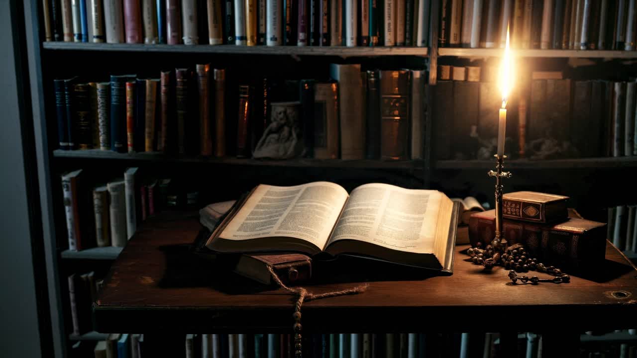 Una scena video scarsamente illuminata di un libro aperto su un tavolo di legno, ripresa da un angolo basso, con una candela