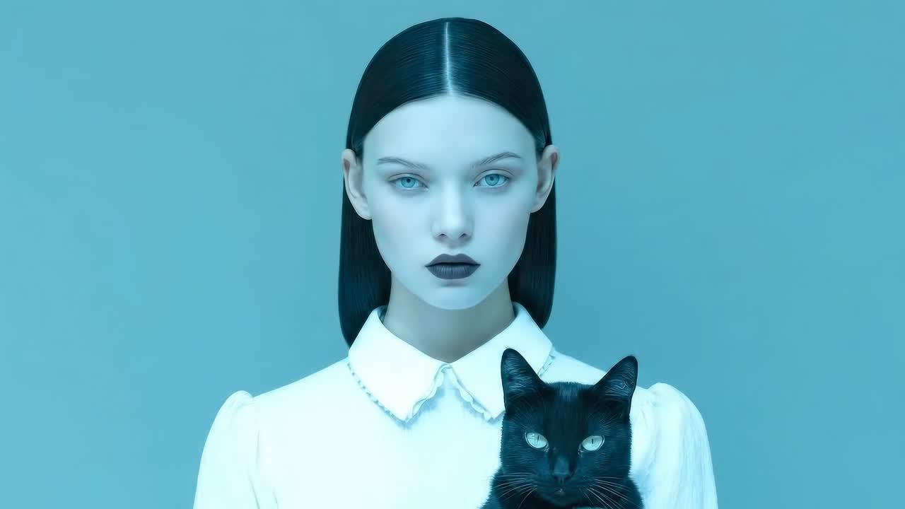 Video frontale con un'atmosfera gotica e minimalista; una donna tiene un gatto nero.