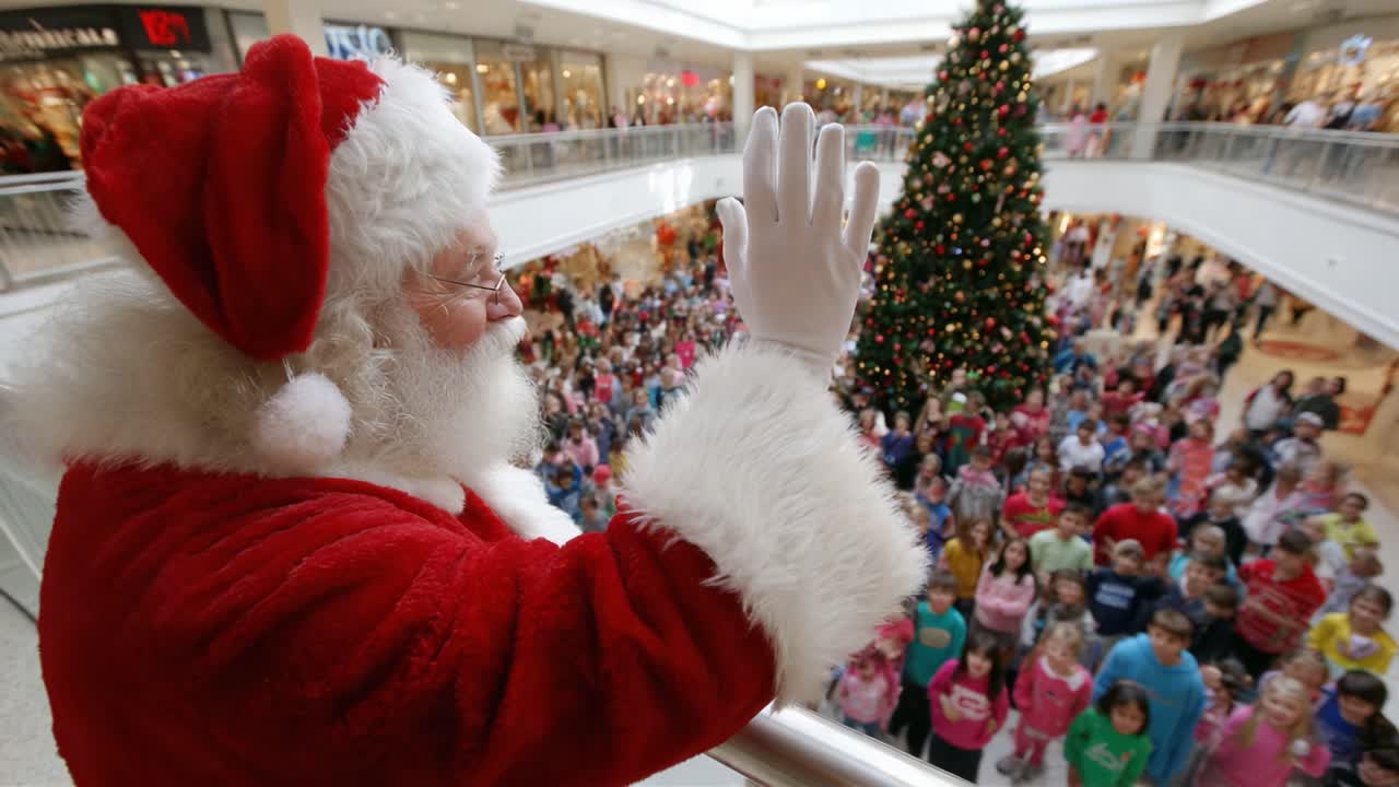 Santa Claus Waves to a Cheerful Crowd During a Festive Holiday Gathering in a Mall Surrounded by Christmas Trees and Decorations