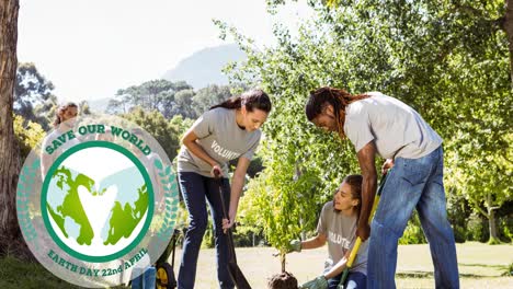 Animation-of-ecology-earth-day-text-with-globe,-hands-and-heart-logo-over-happy-people-planting-tree