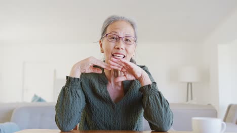 행복 한 아시아 고령 여성 이 이야기 하고 비디오 통화 를 하고 있는 초상화