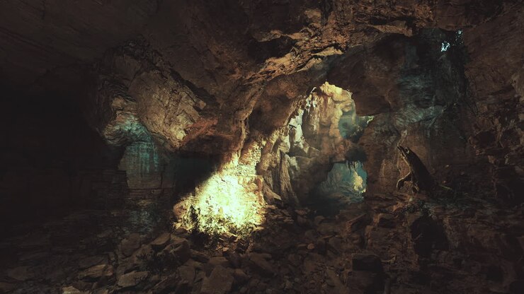 Exploring a stunning underground cave with dramatic rock formations and light