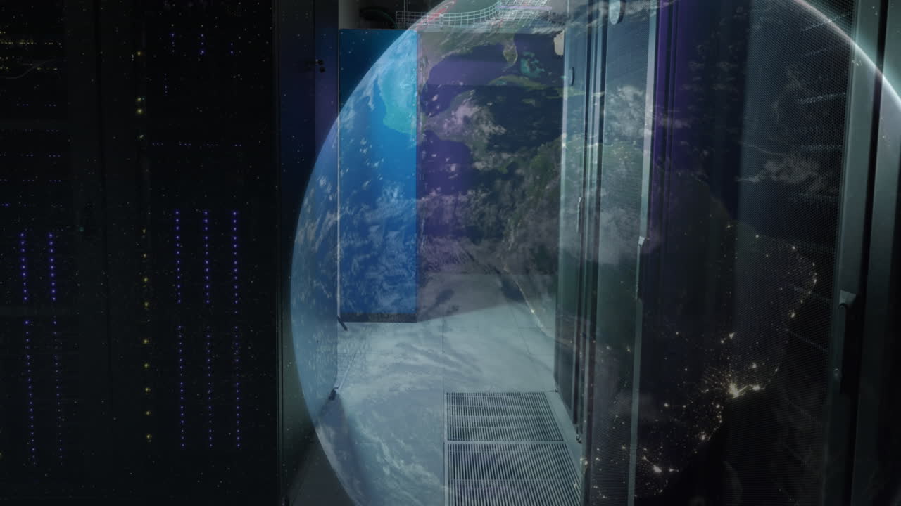 animación de un globo contra la sala del servidor de la computadora