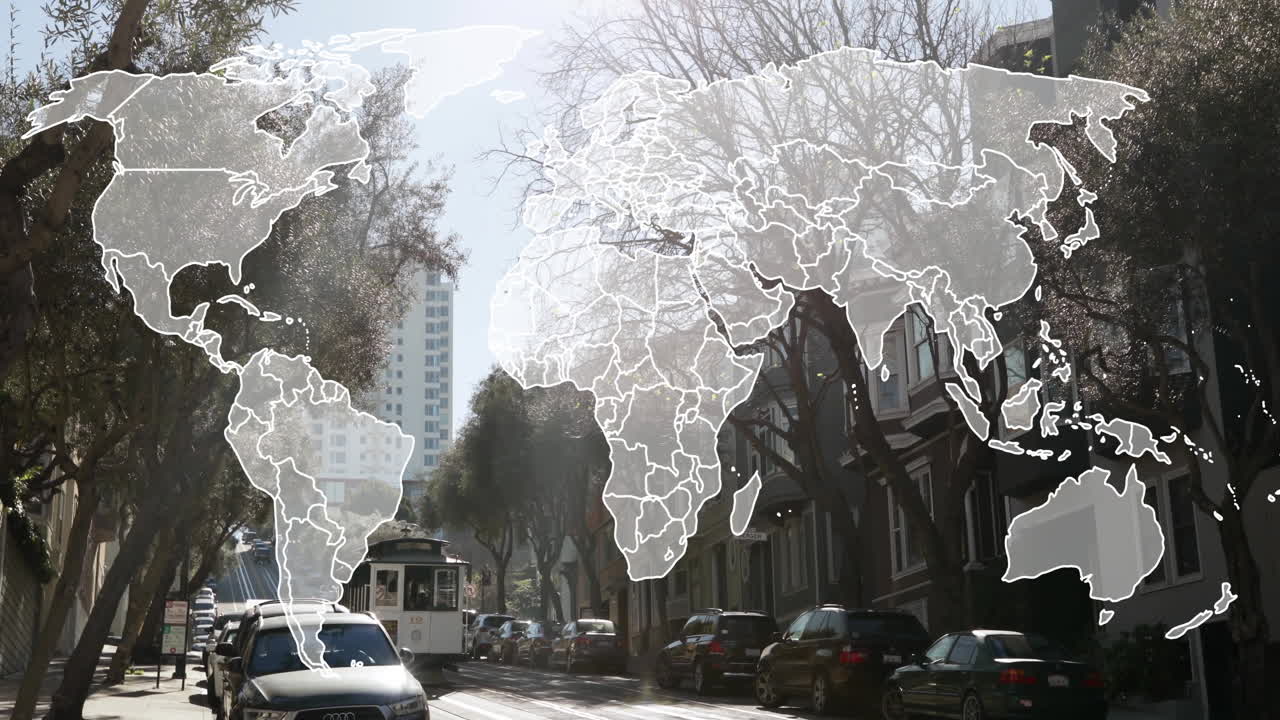 World map animation over urban street with cars and trees
