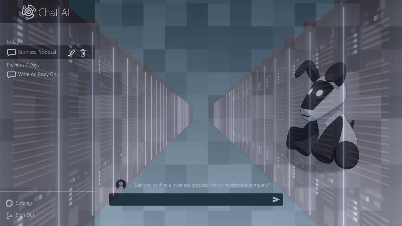 Chat ai logo, dog animation and conversation text over servers in server room