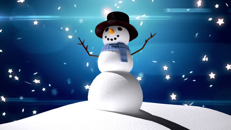 digital animation of snowflakes falling over snowman against blue background