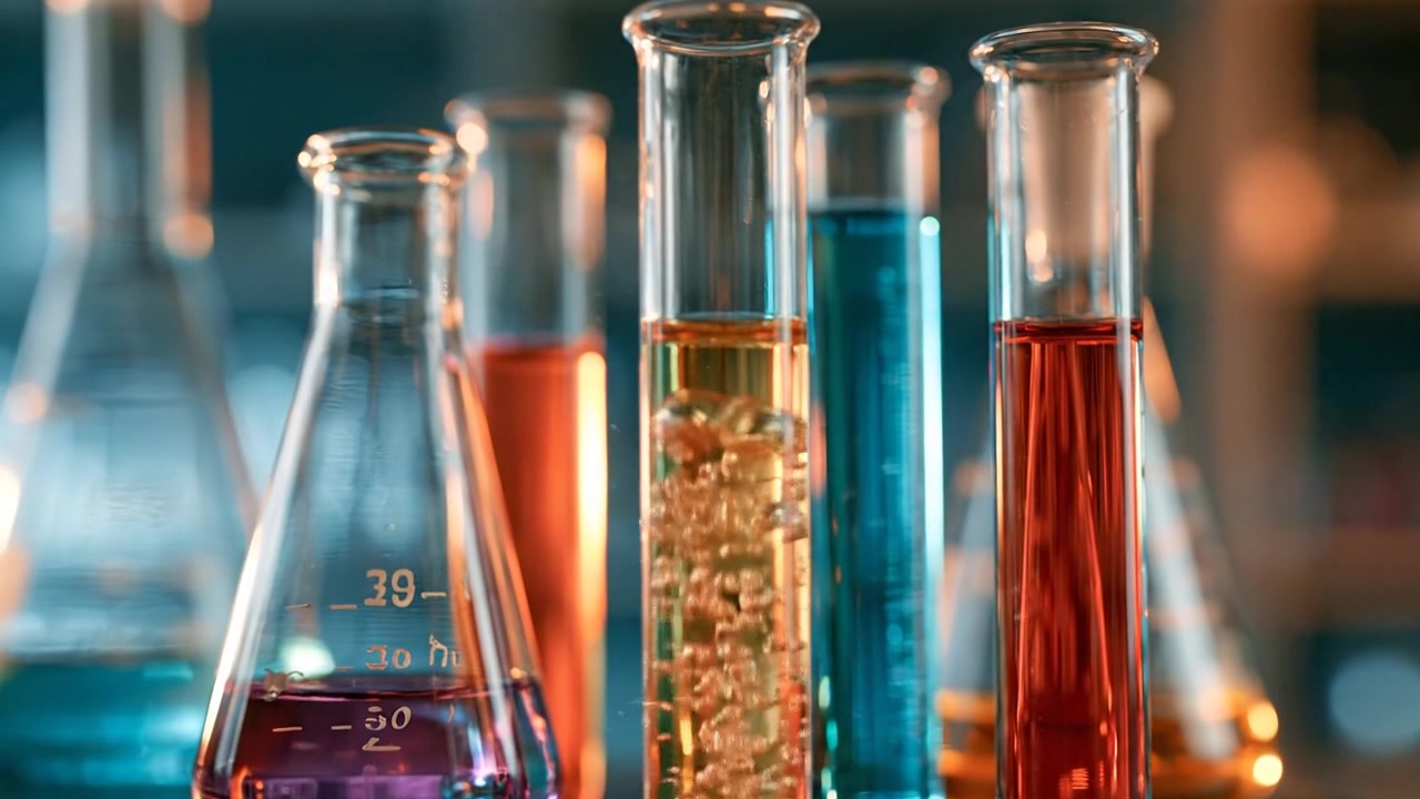 Provette colorate disposte in una rastrelliera da laboratorio con campioni liquidi in filmati scientifici dettagliati