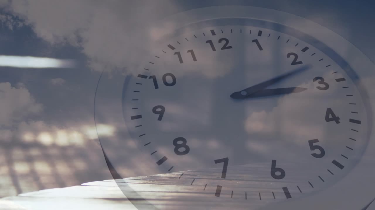 Sunlight shifting clouds causing clock hands turning, drifting over deck, grid showing elapsed time