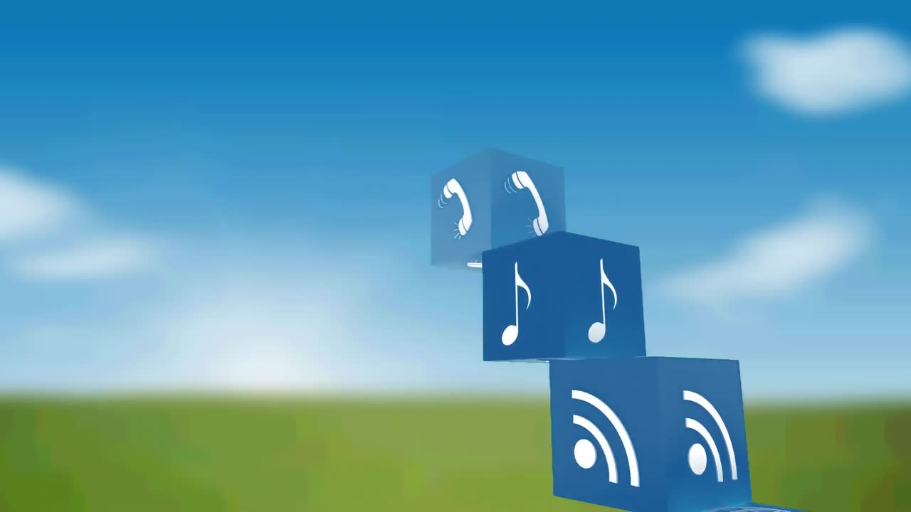 animación de iconos digitales flotando sobre el paisaje