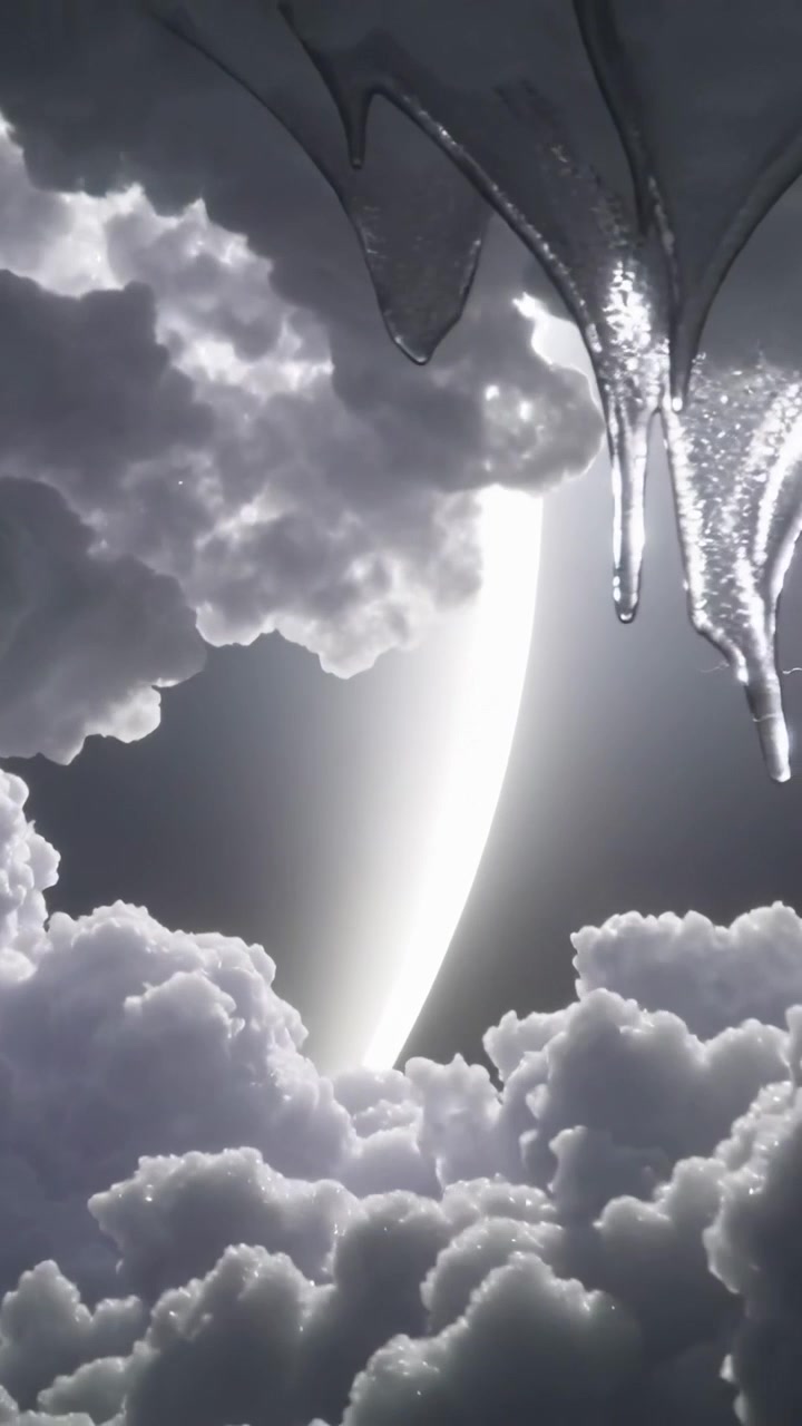 Vertical video: Drips sliding from right to crescent over clouds, condensing, lightning flashing