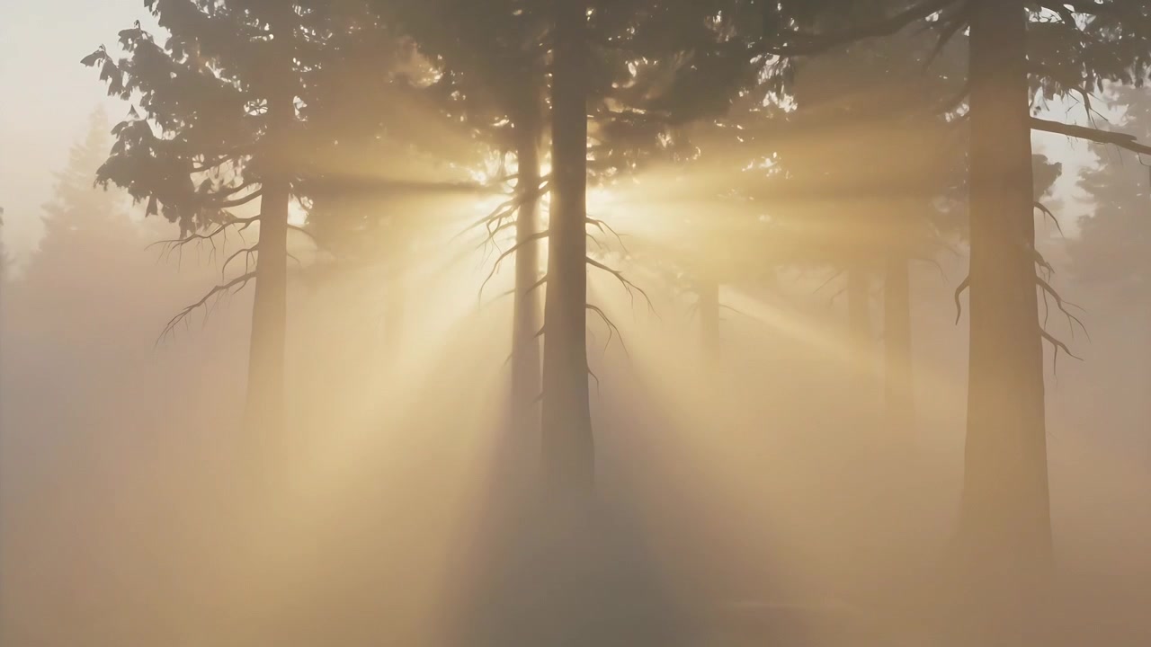 Ângulo do sol mudando enviando luz solar de baixo ângulo espalhando-se pelos troncos centrais de coníferas na neblina