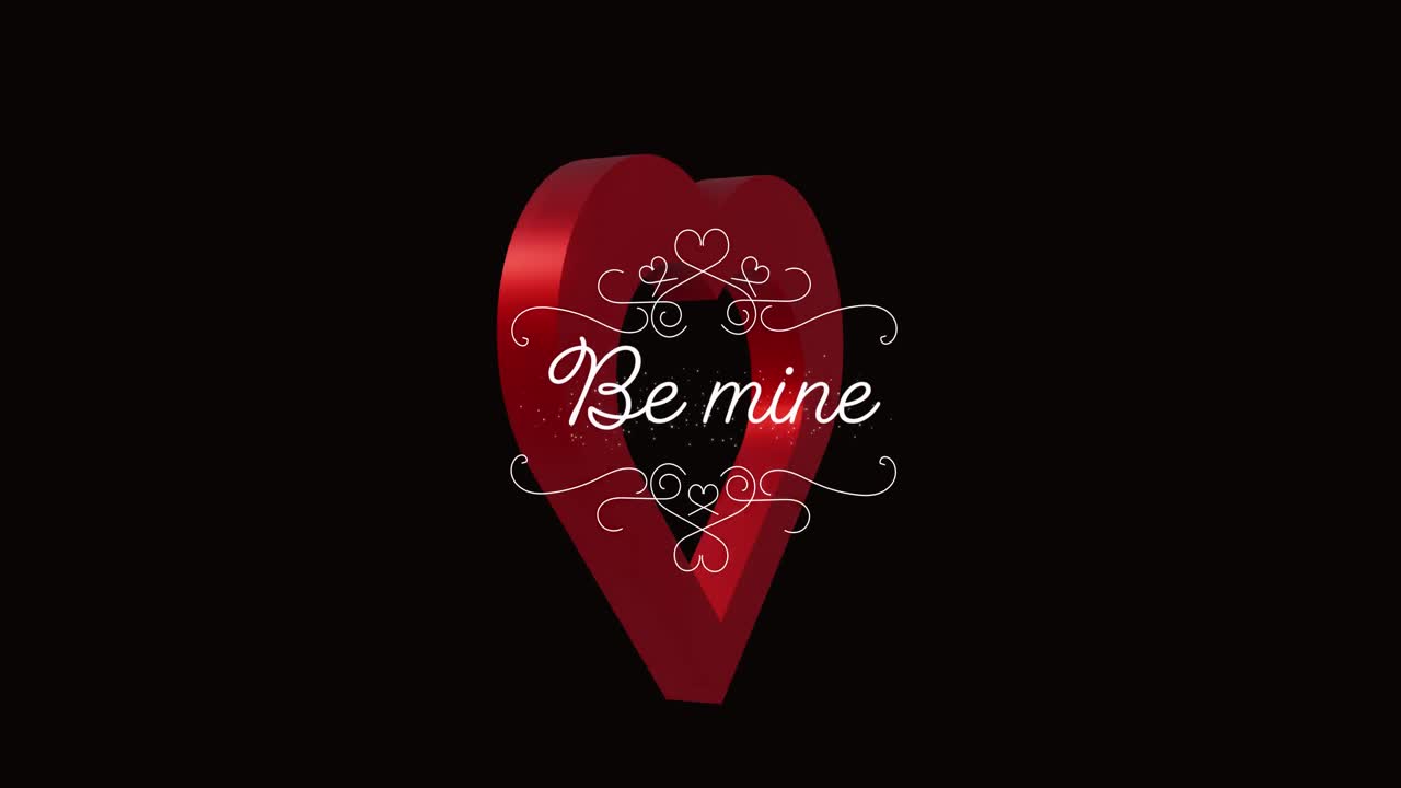 검은 바탕에 빨간 심장 위에 있는 be mine 텍스트의 애니메이션