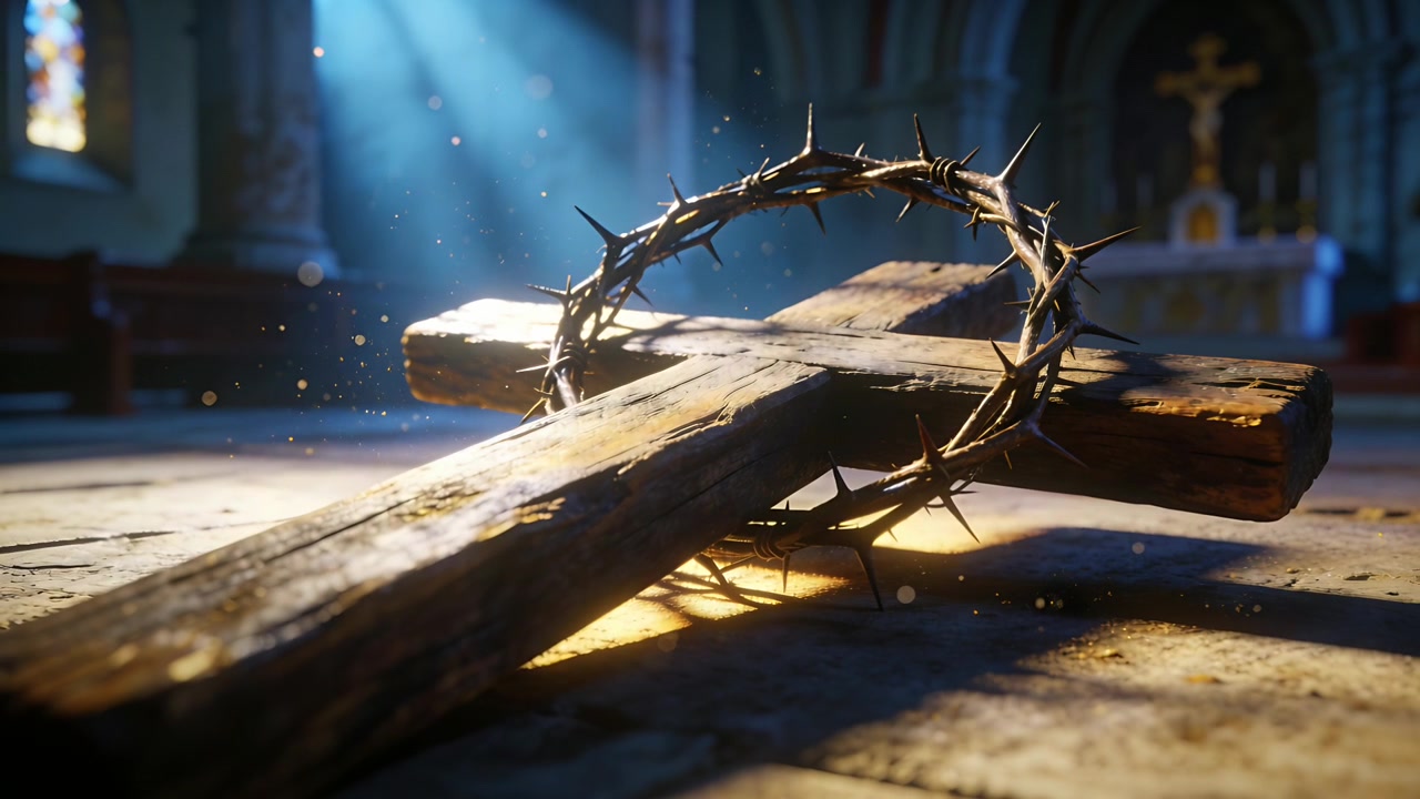 Light shafts guiding camera moving in church, focusing on worn wooden cross showing crown of thorns