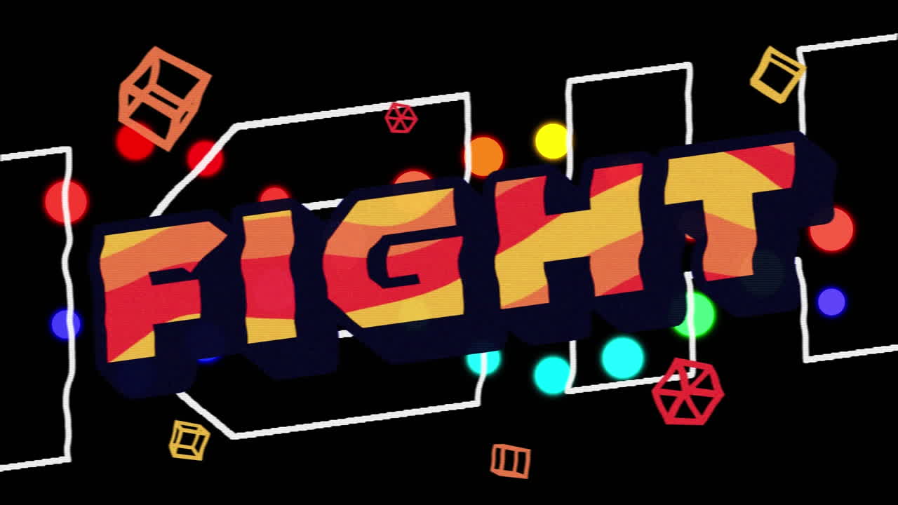 검은 바탕에 네온 패턴 위에 싸움 텍스트의 애니메이션