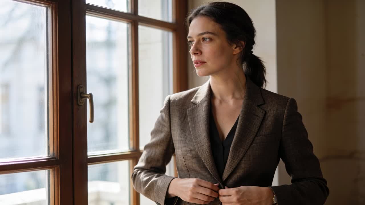 Professionel kvinde knapper sin brune blazer ved et trævindue med metalhåndtag, klar til arbejde.