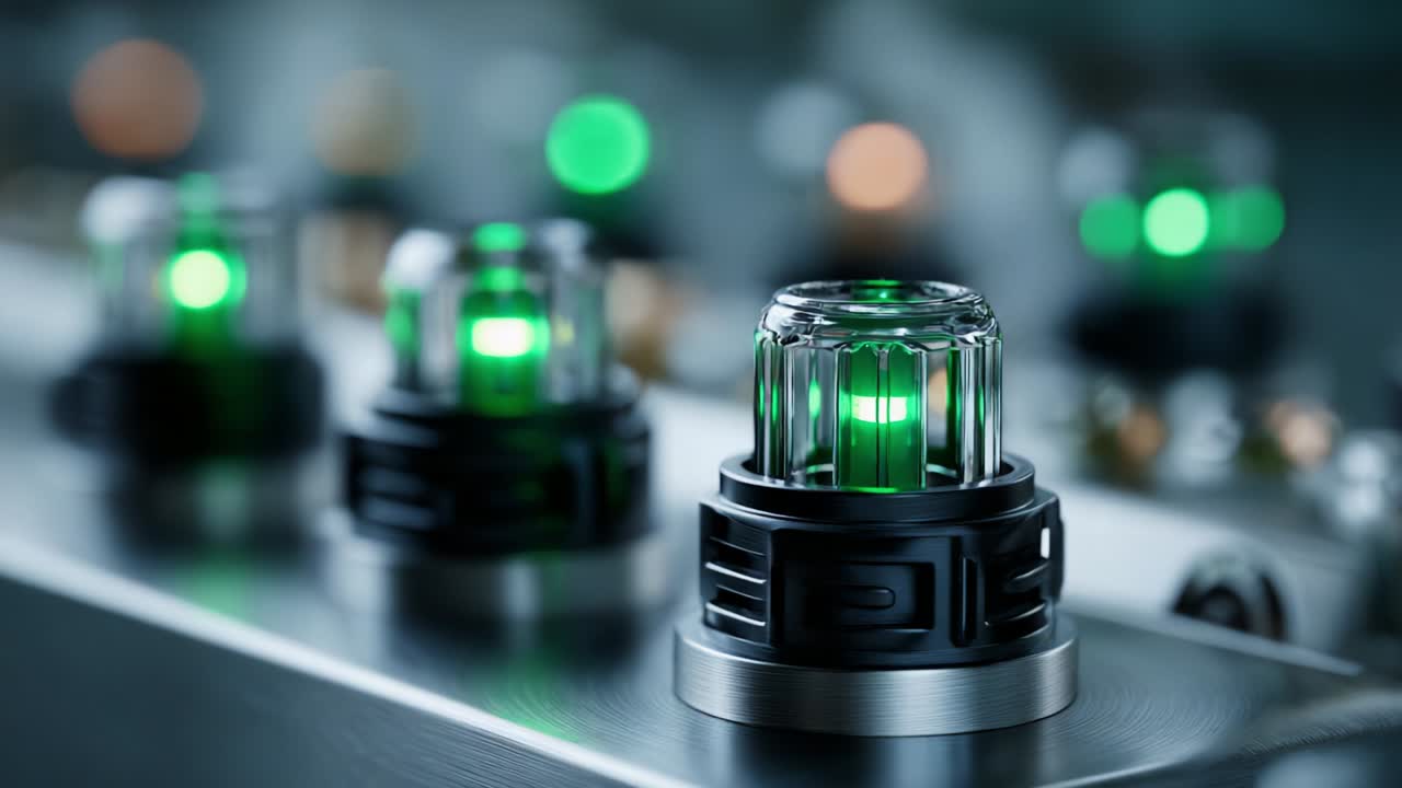 Illuminated Switches in a Control Panel: A Close-Up View of Green Indicators Displaying Power and Functionality, Symbolizing Connectivity and Technological Advancement in Modern Systems