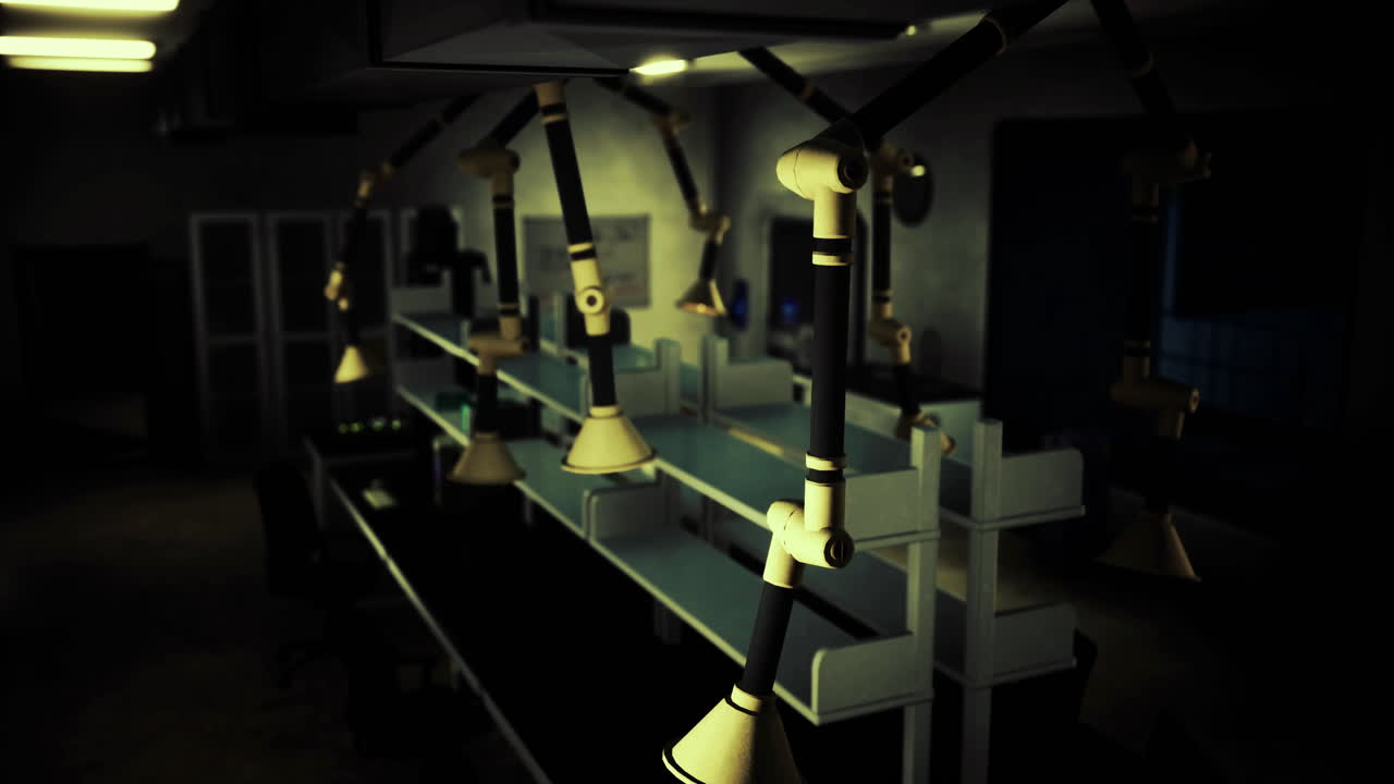 Laboratory interior with unique lighting fixtures in secluded space at night