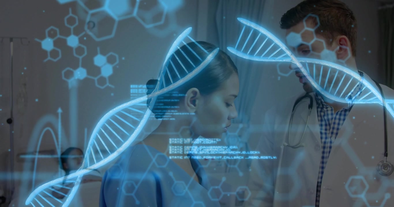 Doctor initiating holographic DNA helix display while nurse examining code for diagnosis in clinic