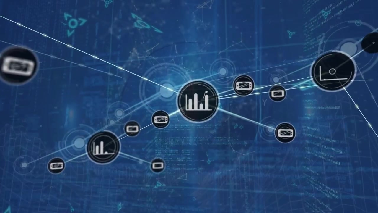 Animation of network of connections with icons over light spots