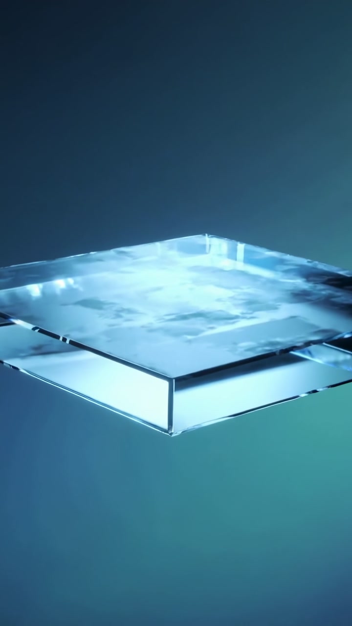 Transparent slab sliding from rails, rotating closer and revealing beveled edges, glints for design