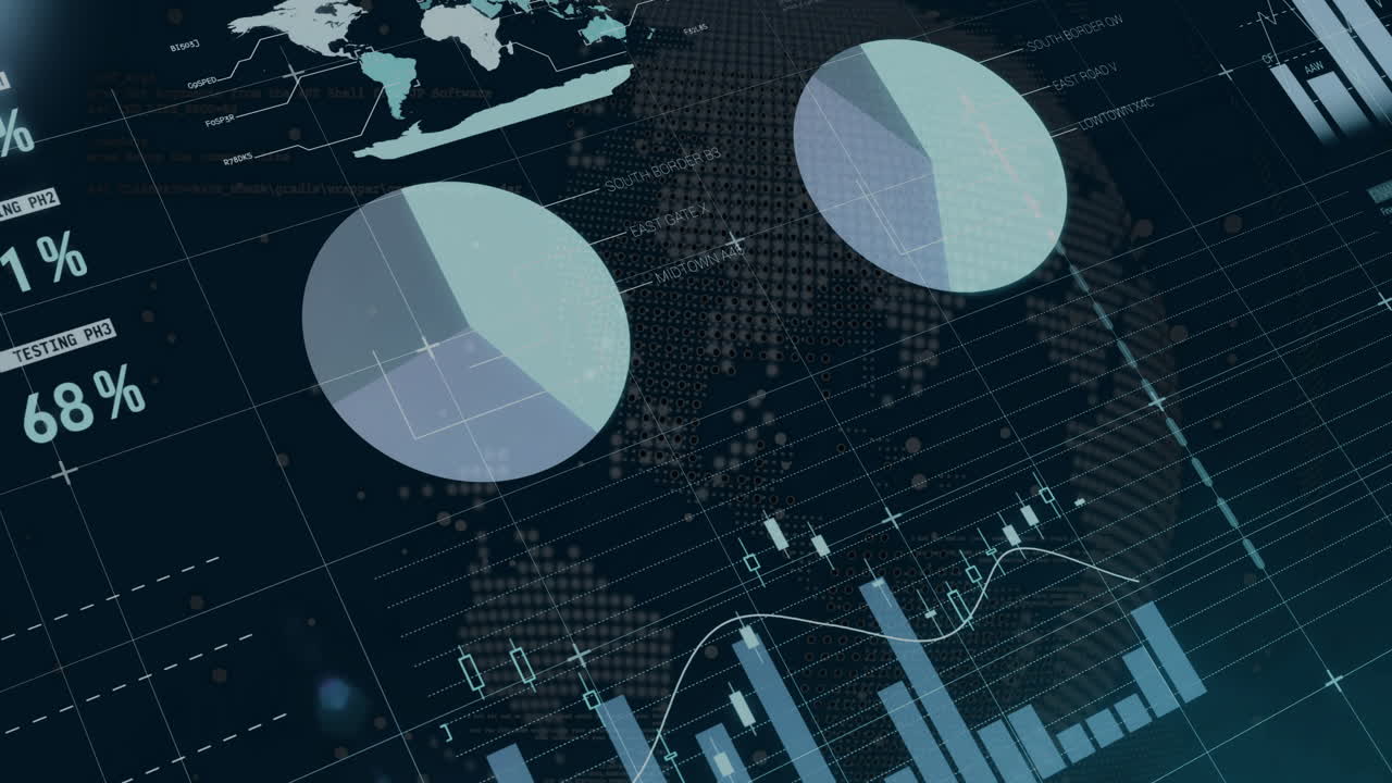 Financial data charts and graphs animation over world map background